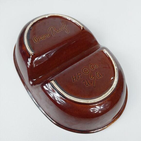 VTG Hull H.P. Co Oven Proof Dish Oval Divided Casserole Brown Drip‎ Pottery USA - Picture 4 of 4